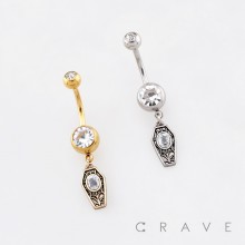 ORNATE FILIGREE COFFIN CHARM WITH SPIDERWEB DETAILING BELLY BUTTON NAVEL RING 316L SURGICAL STEEL